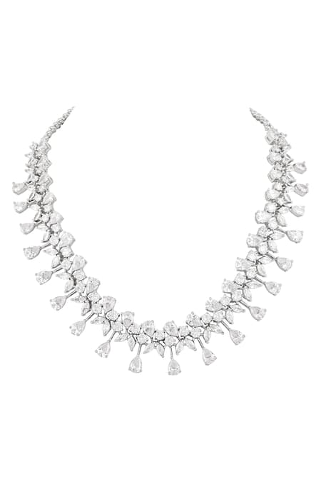 Buy_Prihan Luxury Jewelry_White Crystals Rhodium Plated Necklace And Earring Set _Online_at_Aza_Fashions
