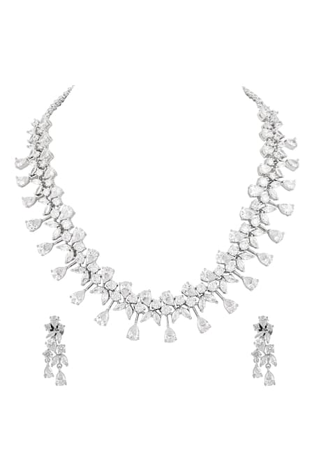Prihan Luxury Jewelry Rhodium Plated White Necklace & Earring Set 