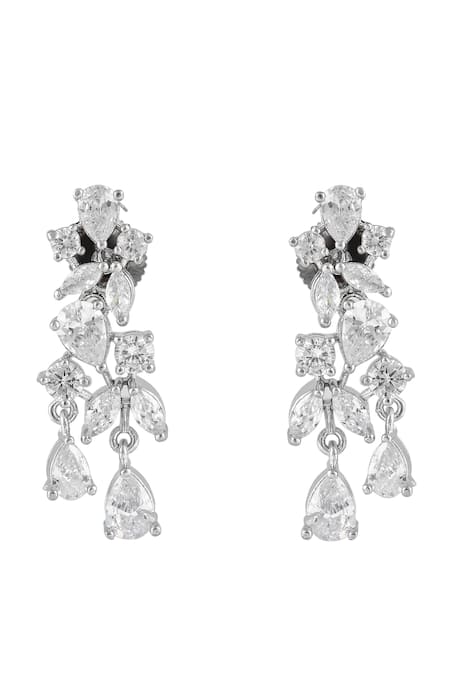 Shop_Prihan Luxury Jewelry_White Crystals Rhodium Plated Necklace And Earring Set _Online_at_Aza_Fashions