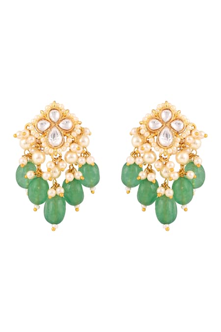 Prihan Luxury Jewelry_Green Stones, Pearls Rhodium Plated Necklace And Earring Set _Online_at_Aza_Fashions