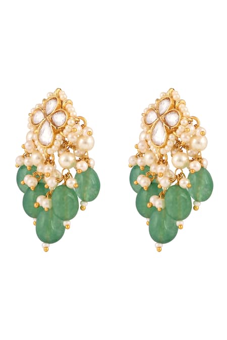 Buy_Prihan Luxury Jewelry_Green Stones, Pearls Rhodium Plated Necklace And Earring Set _Online_at_Aza_Fashions