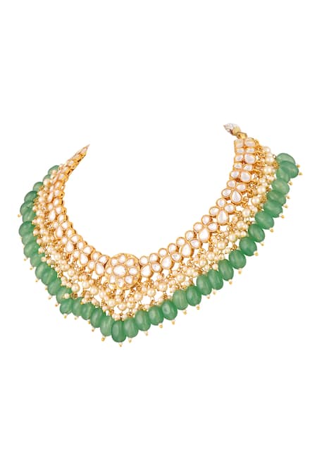 Shop_Prihan Luxury Jewelry_Green Stones, Pearls Rhodium Plated Necklace And Earring Set _Online_at_Aza_Fashions