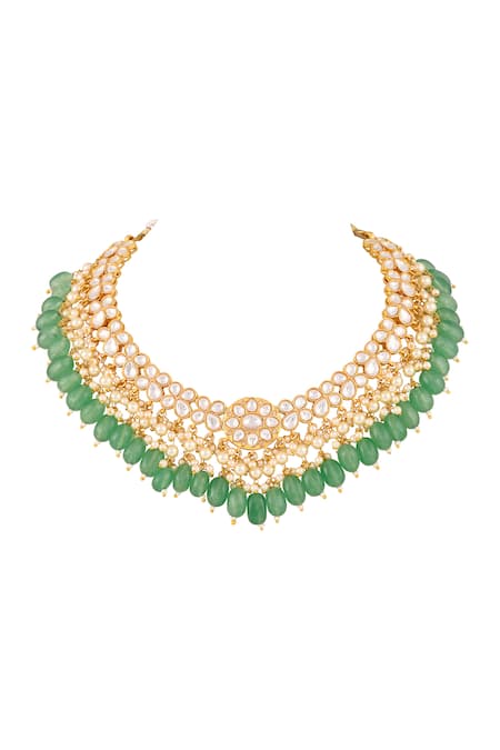 Prihan Luxury Jewelry_Green Stones, Pearls Rhodium Plated Necklace And Earring Set _at_Aza_Fashions