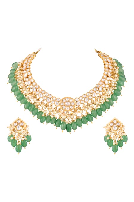 Prihan Luxury Jewelry Green Rhodium Plated Necklace & Earring Set 
