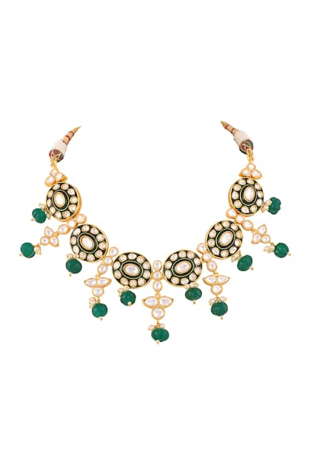 Prihan Luxury Jewelry_Green Gemstones, Pearls Designer Necklace And Earring Set _Online_at_Aza_Fashions