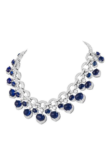 Prihan Luxury Jewelry_Blue Rhinestones Rhodium Plated Necklace And Earring Set _Online_at_Aza_Fashions