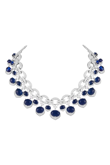 Buy_Prihan Luxury Jewelry_Blue Rhinestones Rhodium Plated Necklace And Earring Set _Online_at_Aza_Fashions