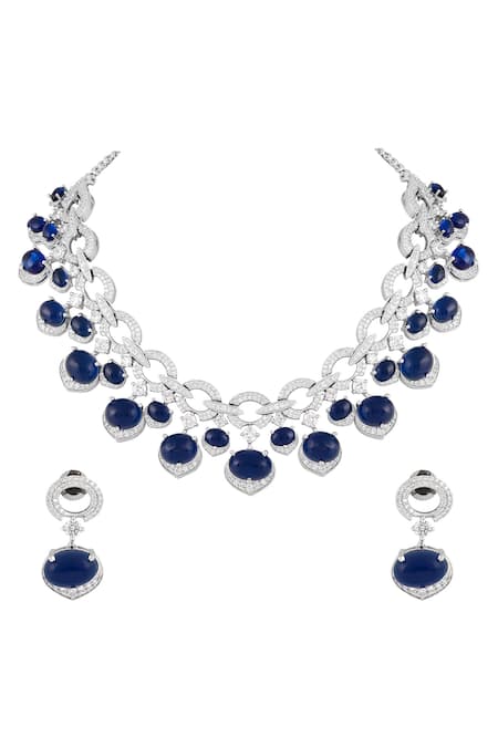 Prihan Luxury Jewelry Blue Rhodium Plated Necklace & Earring Set 