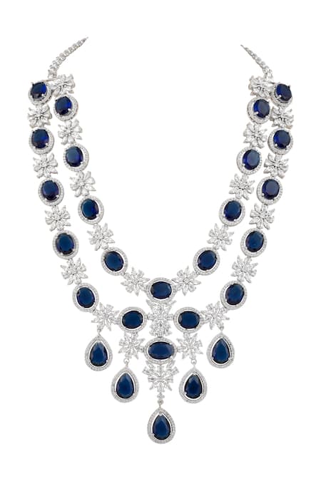 Buy_Prihan Luxury Jewelry_Blue Gemstones, Crystals Rhodium Plated Necklace And Earrings Set _Online_at_Aza_Fashions