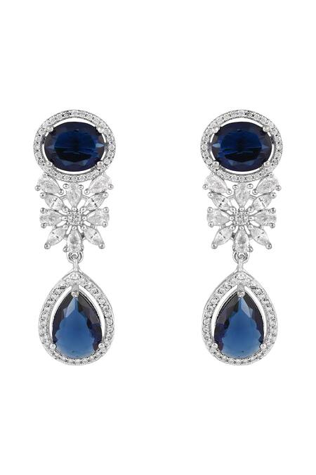 Shop_Prihan Luxury Jewelry_Blue Gemstones, Crystals Rhodium Plated Necklace And Earrings Set _Online_at_Aza_Fashions