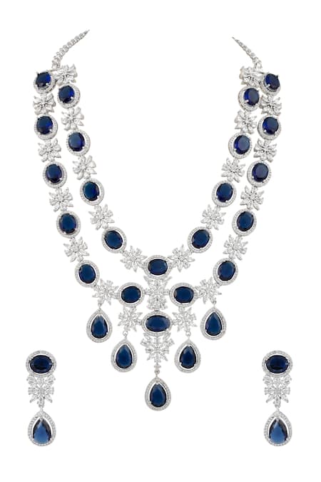 Prihan Luxury Jewelry Blue Rhodium Plated Necklace & Earrings Set 