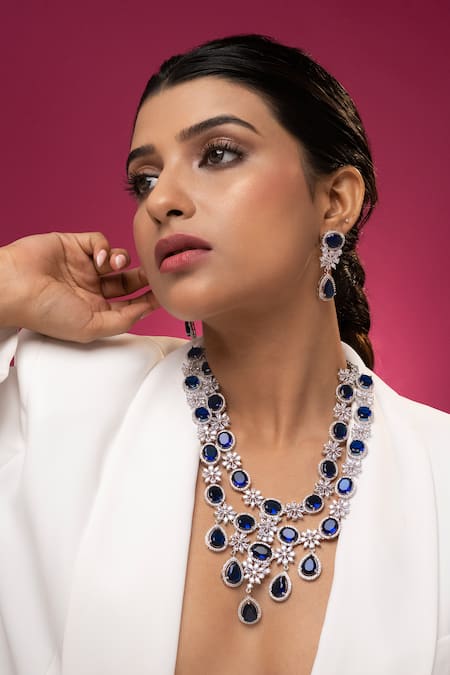 Prihan Luxury Jewelry Blue Rhodium Plated Necklace & Earrings Set 