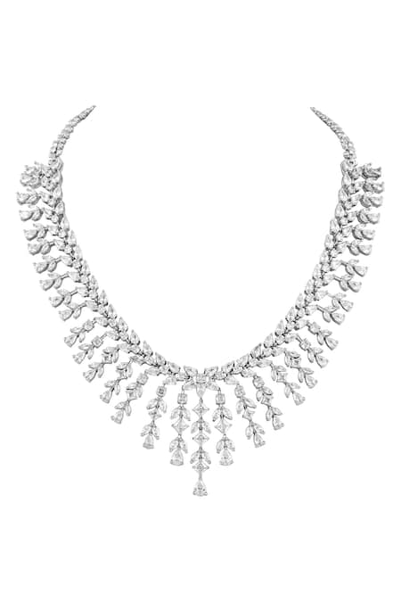 Prihan Luxury Jewelry White Crystals Rhodium Plated Necklace And Earrings Set Online at Aza Fashions Prihan Luxury Jewelry_White Crystals Rhodium Plated Necklace And Earrings Set _Online_at_Aza_Fashions