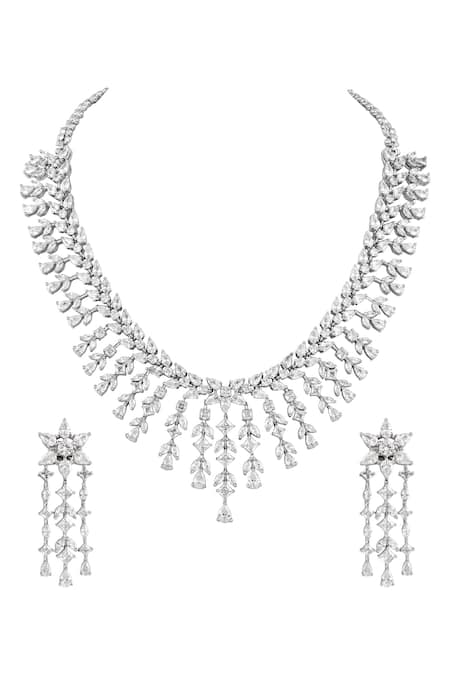 Prihan Luxury Jewelry Rhodium Plated White Necklace & Earrings Set 