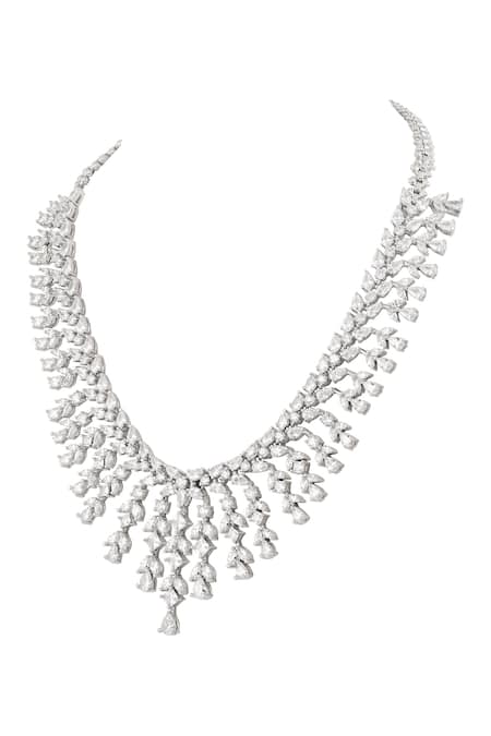 Shop Prihan Luxury Jewelry White Crystals Rhodium Plated Necklace And Earrings Set Online at Aza Fashions Shop_Prihan Luxury Jewelry_White Crystals Rhodium Plated Necklace And Earrings Set _Online_at_Aza_Fashions