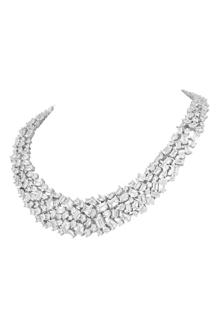 Prihan Luxury Jewelry_White Crystals Rhodium Plated Necklace And Earrings Set _Online_at_Aza_Fashions