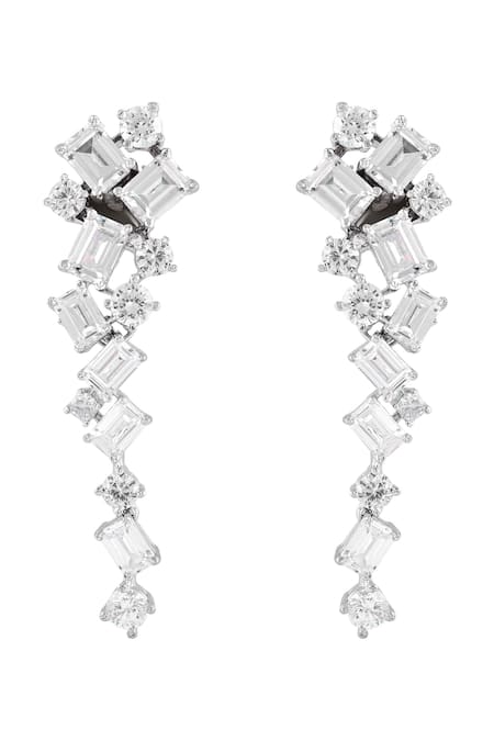 Shop_Prihan Luxury Jewelry_White Crystals Rhodium Plated Necklace And Earrings Set _Online_at_Aza_Fashions