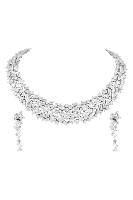 Prihan Luxury Jewelry Rhodium Plated White Necklace & Earrings Set 