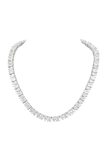 Buy_Prihan Luxury Jewelry_White Stones Rhodium Plated Necklace And Earring Set _Online_at_Aza_Fashions