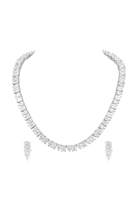 Prihan Luxury Jewelry Rhodium Plated White Necklace & Earring Set 