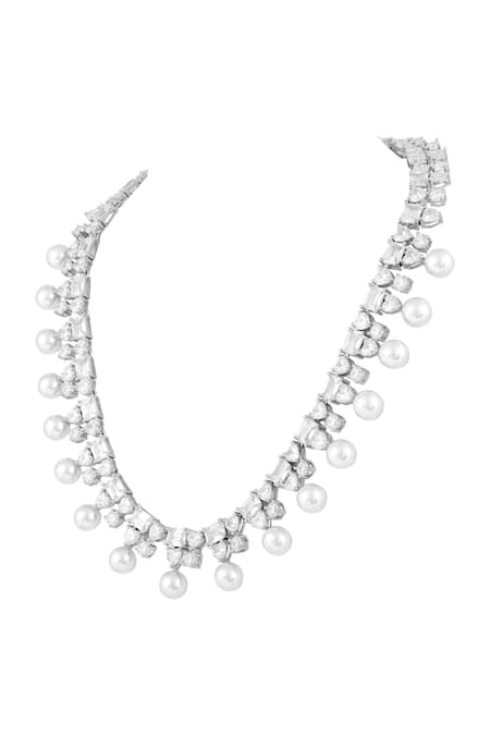 Prihan Luxury Jewelry_White Pearls, Rhinestones Rhodium Plated Necklace And Earrings Set _Online_at_Aza_Fashions
