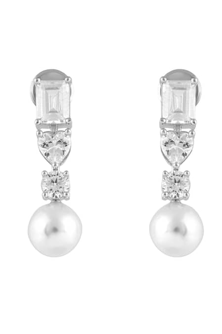 Buy_Prihan Luxury Jewelry_White Pearls, Rhinestones Rhodium Plated Necklace And Earrings Set _Online_at_Aza_Fashions