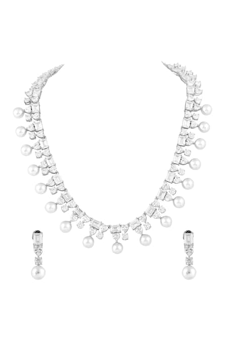 Prihan Luxury Jewelry Rhodium Plated Pearl Necklace & Earrings Set 