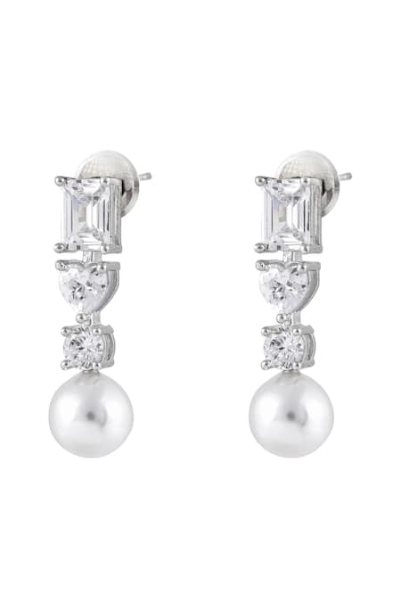 Shop_Prihan Luxury Jewelry_White Pearls, Rhinestones Rhodium Plated Necklace And Earrings Set _Online_at_Aza_Fashions