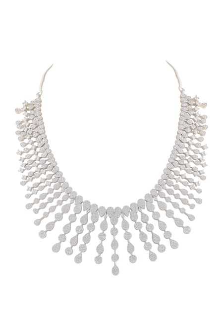 Prihan Luxury Jewelry_White Rhodium Plated Necklace And Earring Set _Online_at_Aza_Fashions