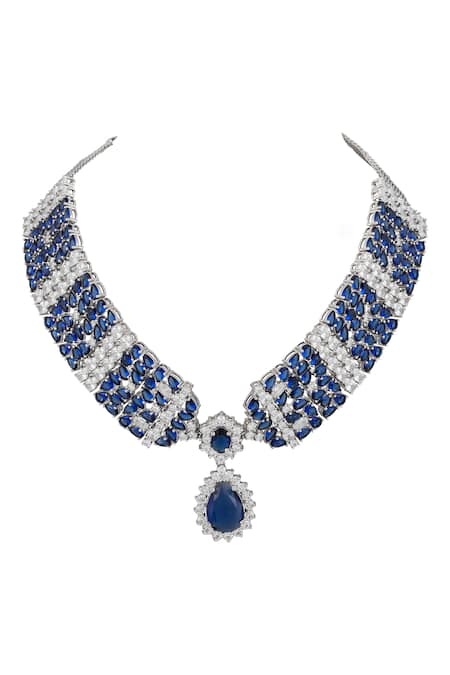 Prihan Luxury Jewelry_Blue Gemstones, Rhinestones Rhodium Plated Necklace And Earring Set _Online_at_Aza_Fashions