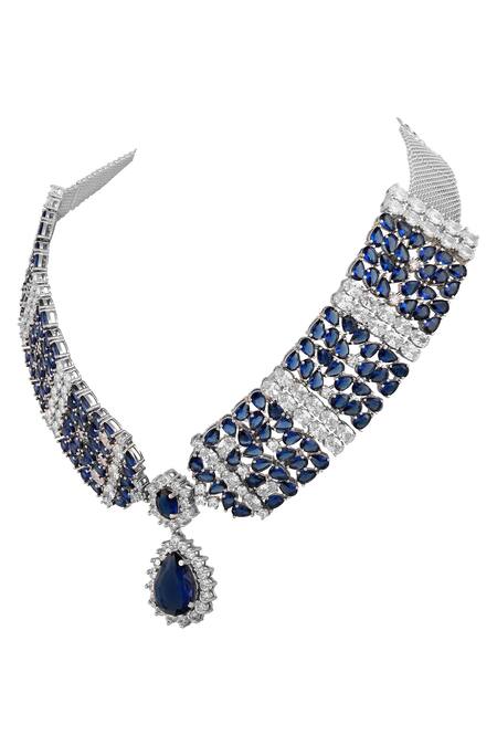 Buy_Prihan Luxury Jewelry_Blue Gemstones, Rhinestones Rhodium Plated Necklace And Earring Set _Online_at_Aza_Fashions