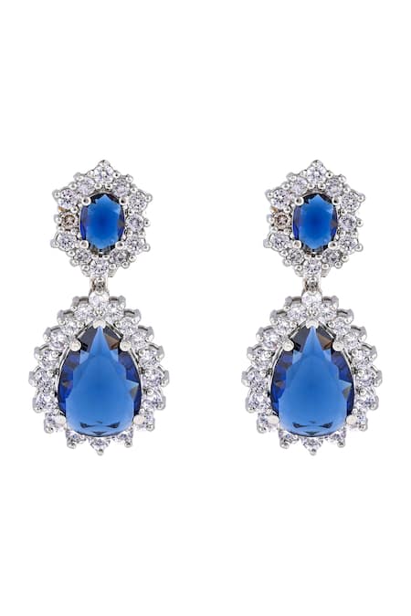 Shop_Prihan Luxury Jewelry_Blue Gemstones, Rhinestones Rhodium Plated Necklace And Earring Set _Online_at_Aza_Fashions