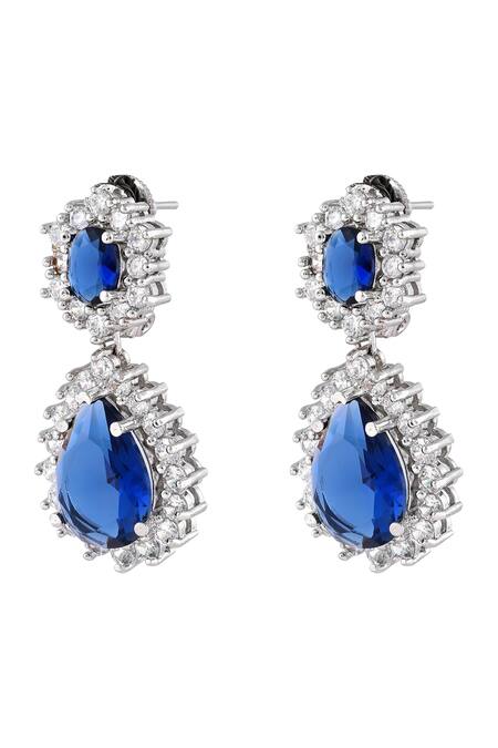 Prihan Luxury Jewelry_Blue Gemstones, Rhinestones Rhodium Plated Necklace And Earring Set _at_Aza_Fashions