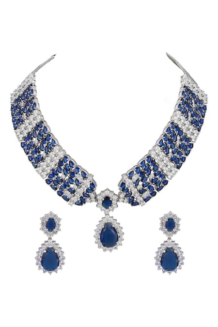Prihan Luxury Jewelry Blue Rhodium Plated Necklace & Earring Set 
