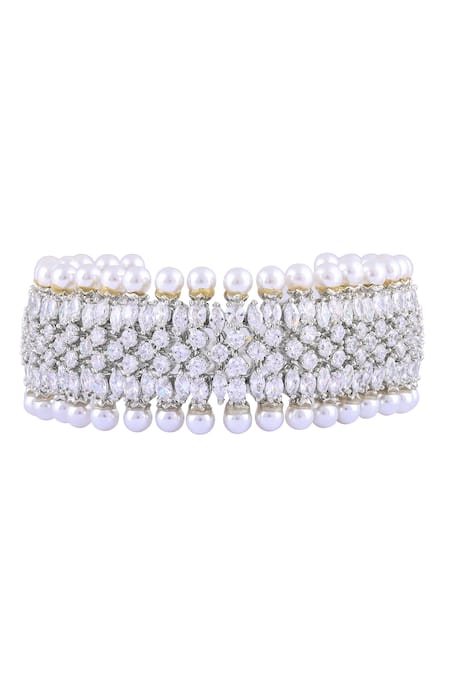 Prihan Luxury Jewelry_White Pearls, Rhinestones Rhodium Plated Bracelet _Online_at_Aza_Fashions