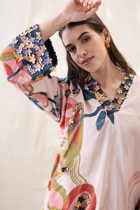 Shop_Soup By Sougat Paul_Beige Chanderi Fabric Flowers, Embroidery V-neck Flora Embellished Kurta Set _Online_at_Aza_Fashions