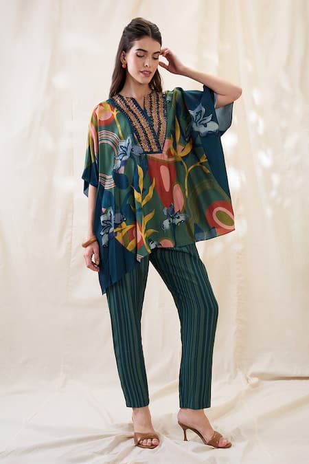 Soup By Sougat Paul Green Chanderi Embroidery Split V-neck Flora Embellished Co-ord Set