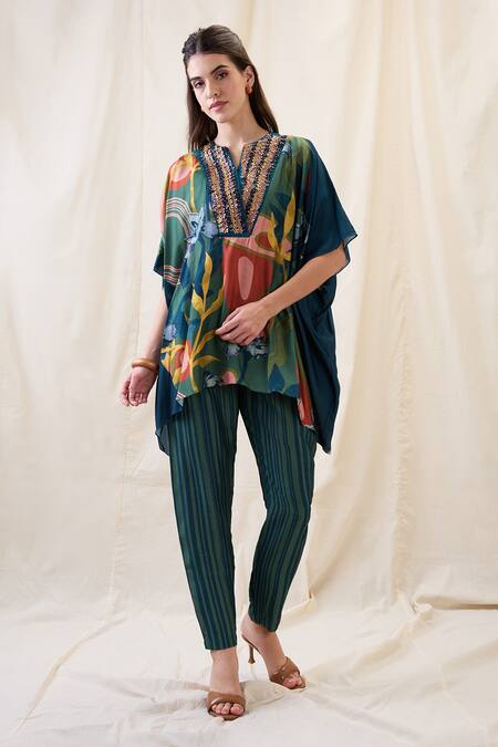 Shop_Soup By Sougat Paul_Green Chanderi Embroidery Split V-neck Flora Embellished Co-ord Set _Online_at_Aza_Fashions