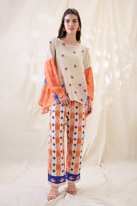 Soup By Sougat Paul_Orange Cotton Embroidery Round Neck Kitchra Appliqued Co-ord Set _Online_at_Aza_Fashions