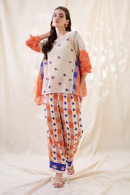 Buy_Soup By Sougat Paul_Orange Cotton Embroidery Round Neck Kitchra Appliqued Co-ord Set _Online_at_Aza_Fashions
