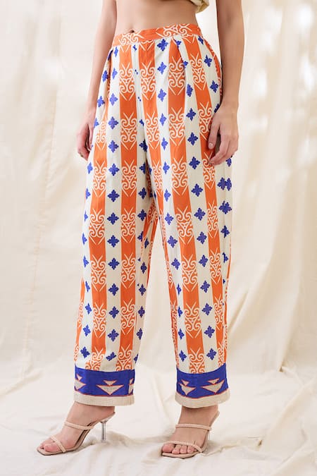 Shop_Soup By Sougat Paul_Orange Cotton Embroidery Round Neck Kitchra Appliqued Co-ord Set _Online_at_Aza_Fashions