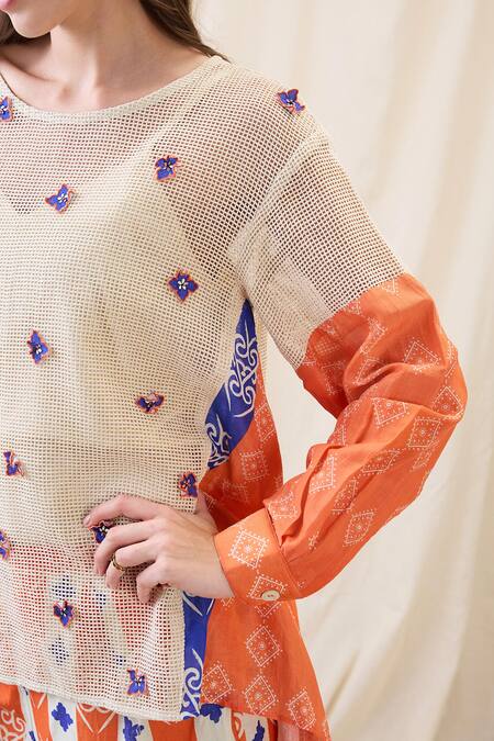 Soup By Sougat Paul_Orange Cotton Embroidery Round Neck Kitchra Appliqued Co-ord Set _at_Aza_Fashions