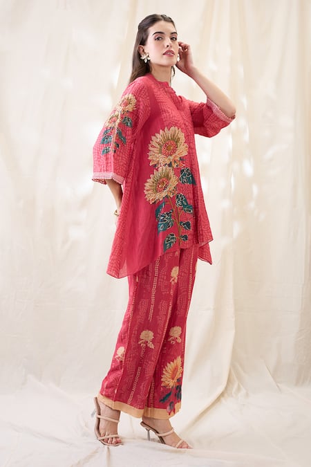 Shop_Soup By Sougat Paul_Pink Linen Embroidery Mandarin Collar Hand Co-ord Set _Online_at_Aza_Fashions