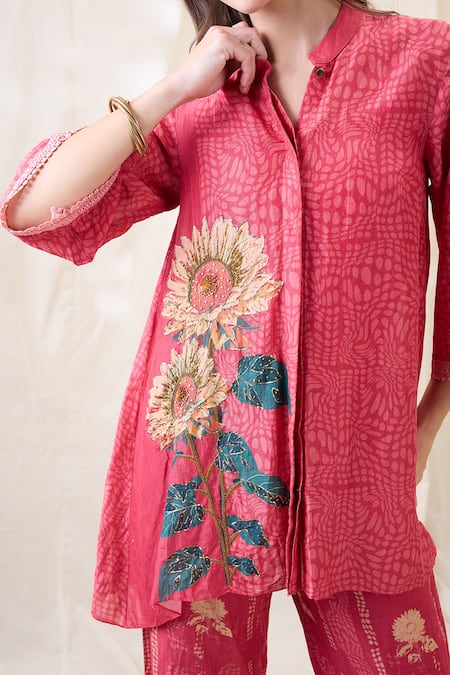 Soup By Sougat Paul_Pink Linen Embroidery Mandarin Collar Hand Co-ord Set _at_Aza_Fashions