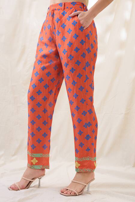 Soup By Sougat Paul_Orange Linen Embroidery Round Neck Kitchra Printed Co-ord Set _Online_at_Aza_Fashions