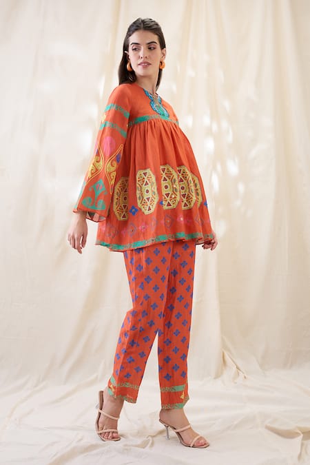 Buy_Soup By Sougat Paul_Orange Linen Embroidery Round Neck Kitchra Printed Co-ord Set _Online_at_Aza_Fashions