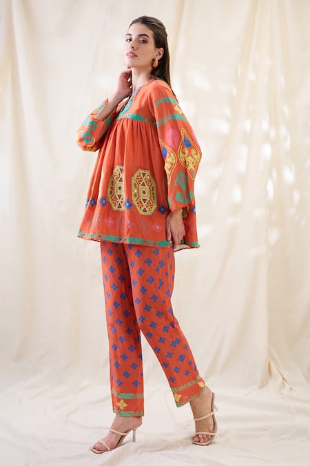 Shop_Soup By Sougat Paul_Orange Linen Embroidery Round Neck Kitchra Printed Co-ord Set _Online_at_Aza_Fashions