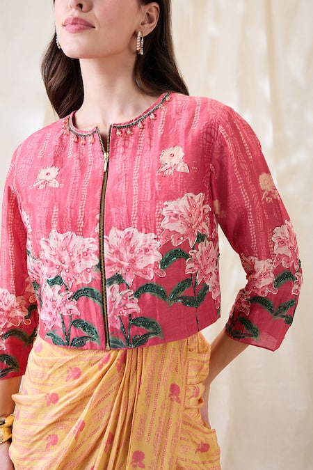 Shop_Soup By Sougat Paul_Yellow Crepe, Linen Embroidery Scoop Neck, Round Embellished Drape Dress Set _Online_at_Aza_Fashions