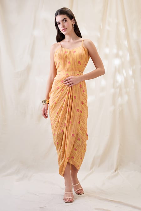 Soup By Sougat Paul_Yellow Crepe, Linen Embroidery Scoop Neck, Round Embellished Drape Dress Set _at_Aza_Fashions