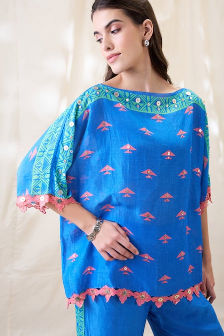 Buy_Soup By Sougat Paul_Blue Linen Embroidery Round Neck Kitchra Appliqued Kimono Co-ord Set _Online_at_Aza_Fashions